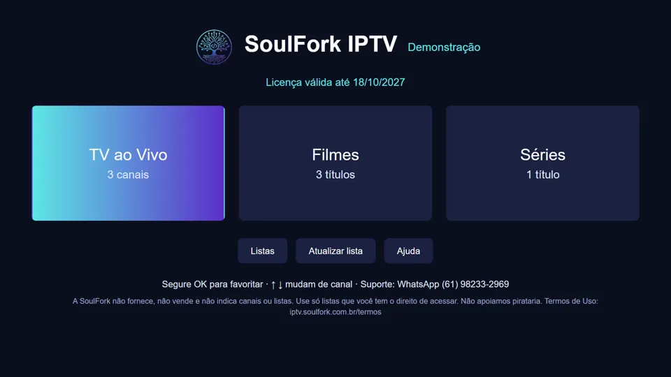 Tela inicial do SoulFork TV