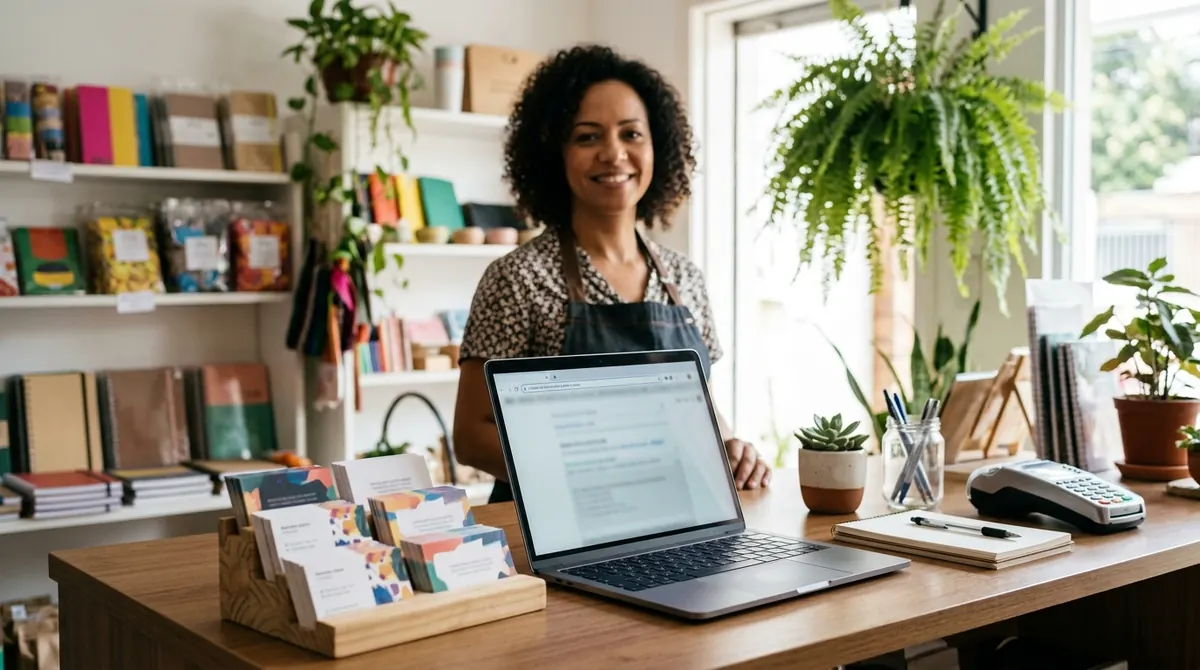 Dona de loja sorrindo no balcão, com cartões de visita e notebook