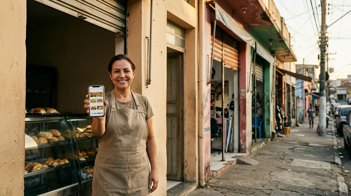 Dona de padaria na porta da loja mostrando o site do negócio no celular
