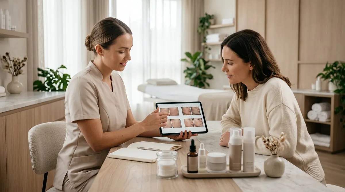 Esteticista mostrando fotos dos tratamentos a uma cliente num tablet