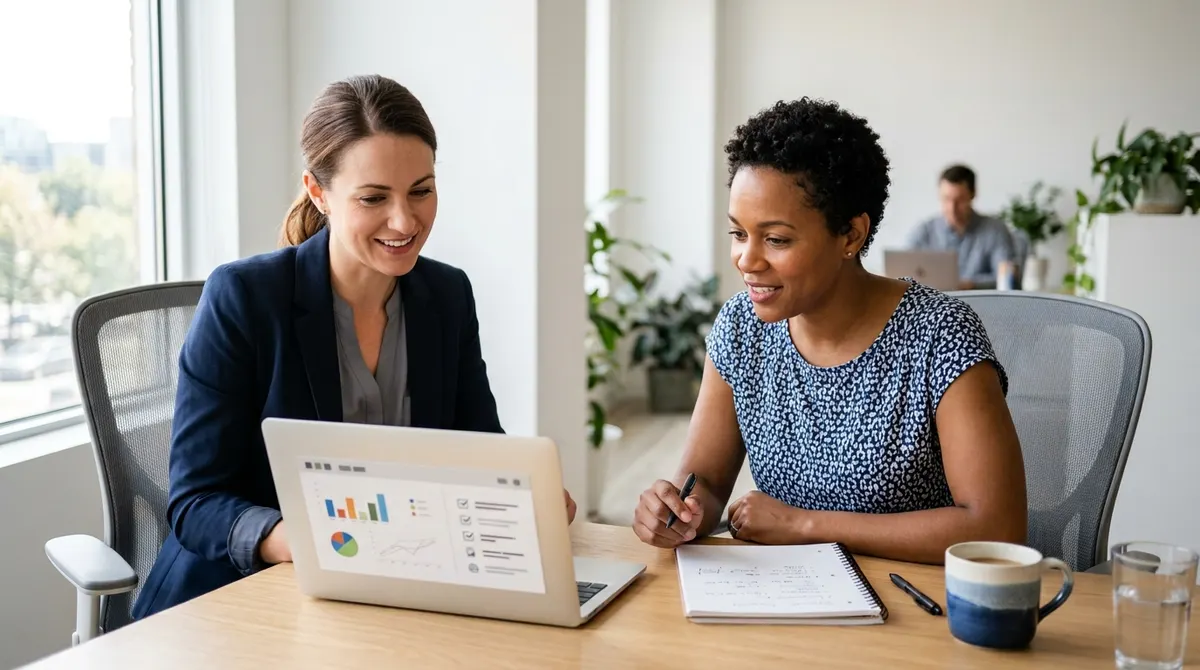 Consultora e dona de um pequeno negócio a rever um relatório de diagnóstico no notebook