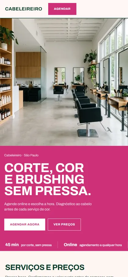 Modelo de site para cabeleireiro no celular