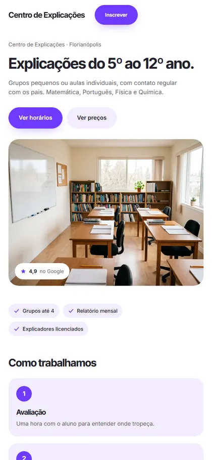 Modelo de site para centro de explicações no celular