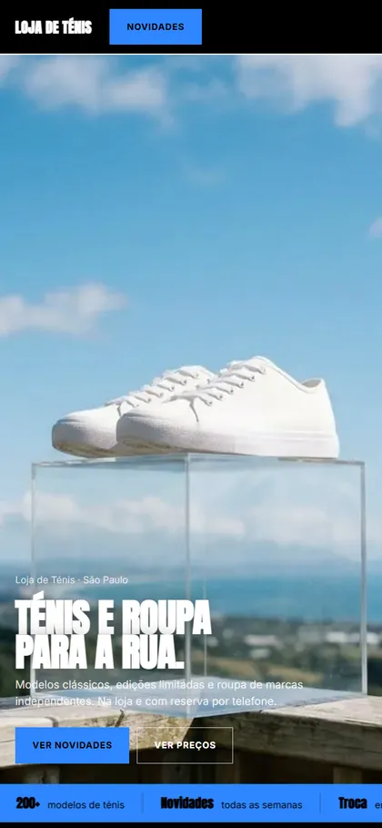 Modelo de site para ténis e streetwear no celular