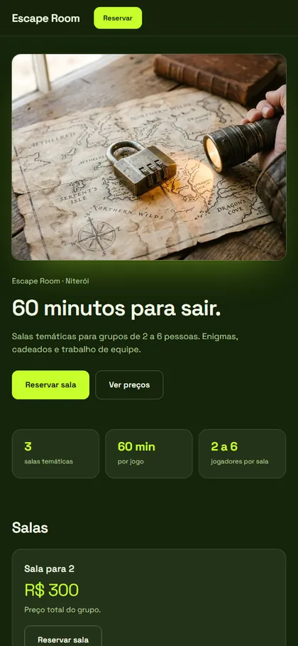 Modelo de site para escape room no celular