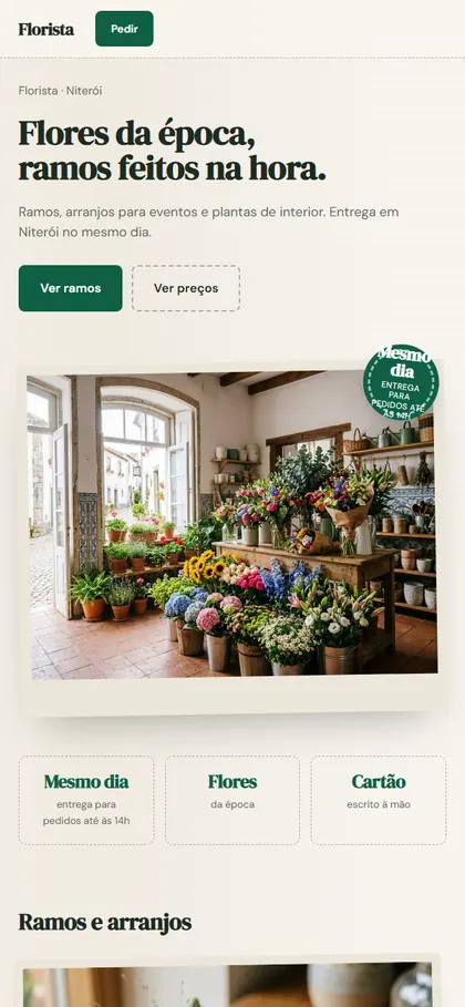 Modelo de site para florista no celular