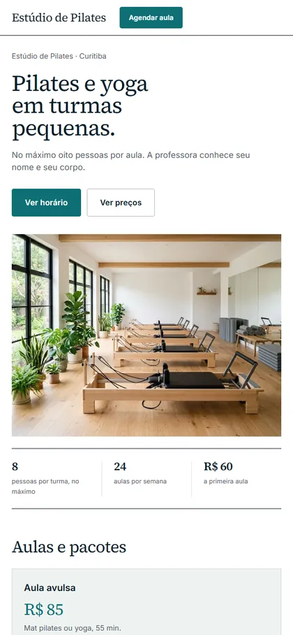 Modelo de site para pilates e yoga no celular