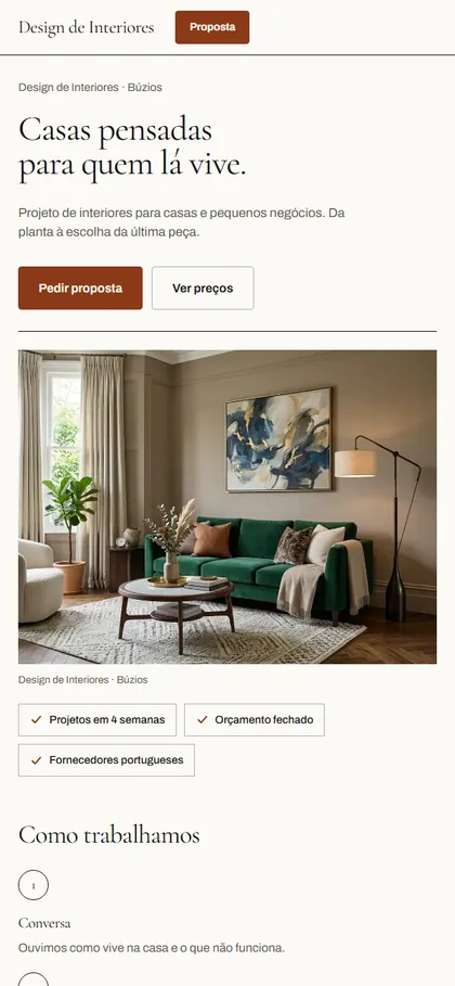Modelo de site para interiores no celular