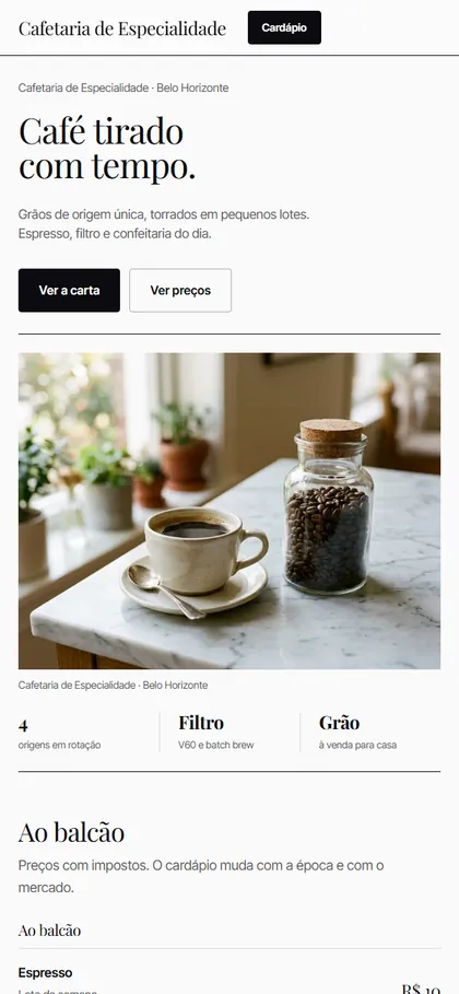 Modelo de site para cafetaria no celular