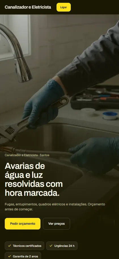 Modelo de site para encanador e eletricista no celular
