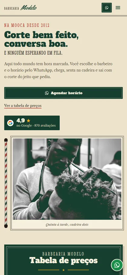 Modelo de site para barbearia no celular