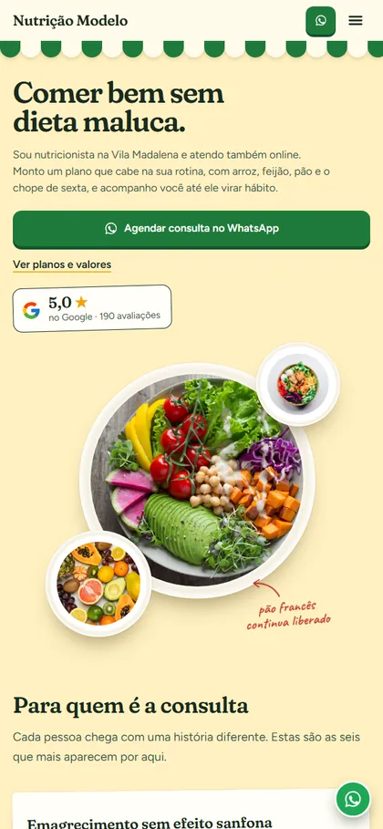 Modelo de site para nutrição no celular