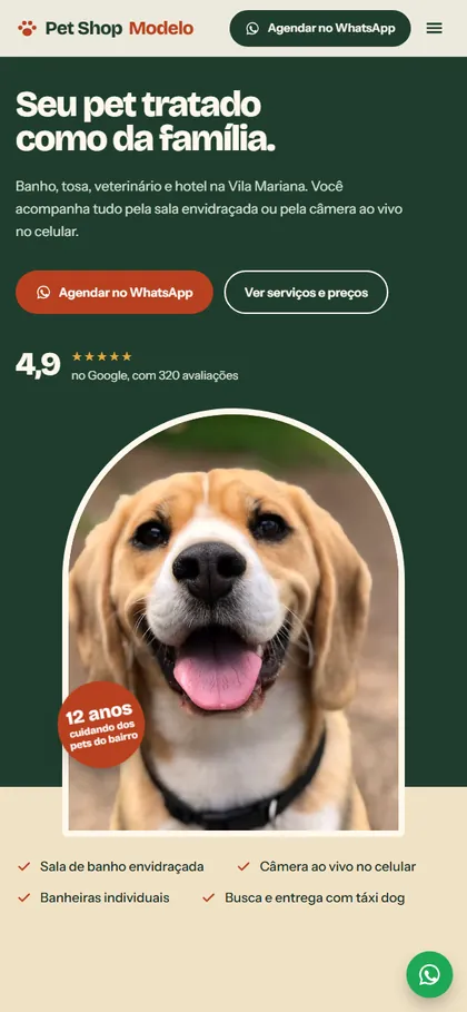 Modelo de site para loja de animais no celular