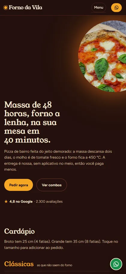 Modelo de site para pizzaria no celular