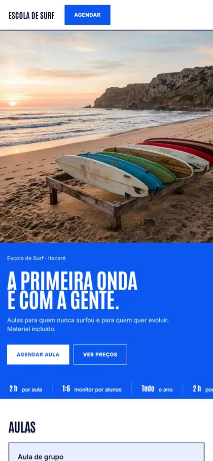 Modelo de site para escola de surf no celular