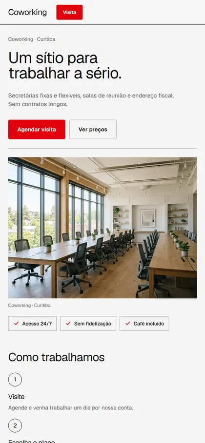 Modelo de site para coworking no celular