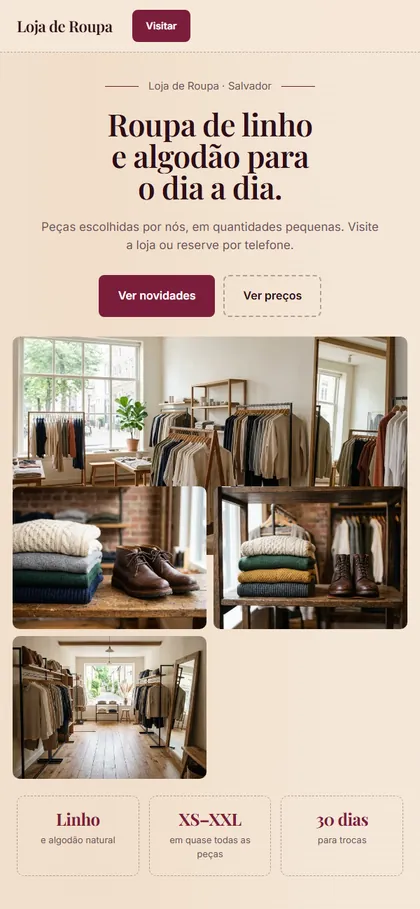 Modelo de site para loja de roupa no celular