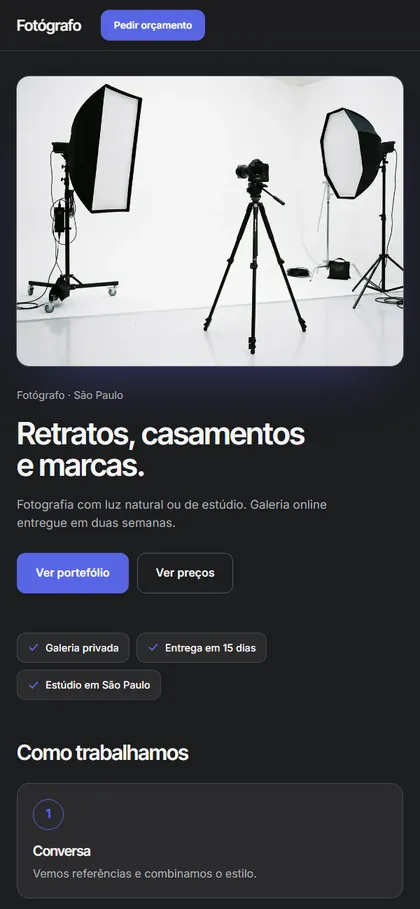 Modelo de site para fotógrafo no celular