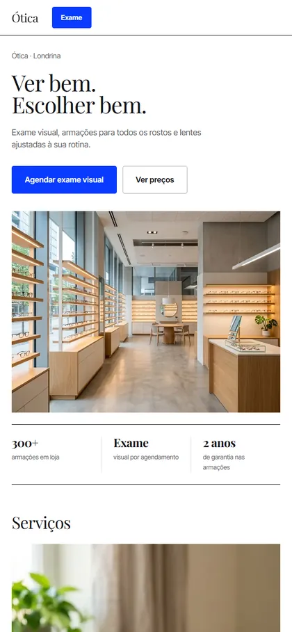 Modelo de site para ótica no celular