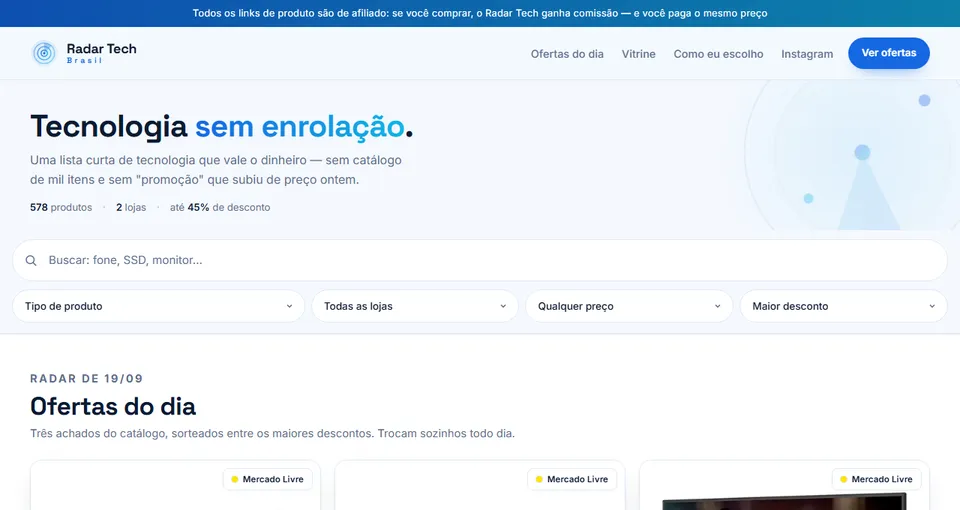 Página inicial do site Radar Tech